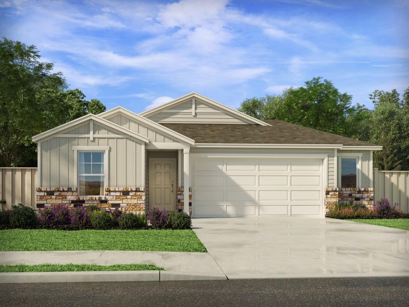 Front exterior of a new home in Waterstone Crossing, Kyle, TX, highlighting curb appeal (Image 1). Front exterior of a new home in Waterstone Crossing, Kyle, TX, highlighting curb appeal (Image 1).