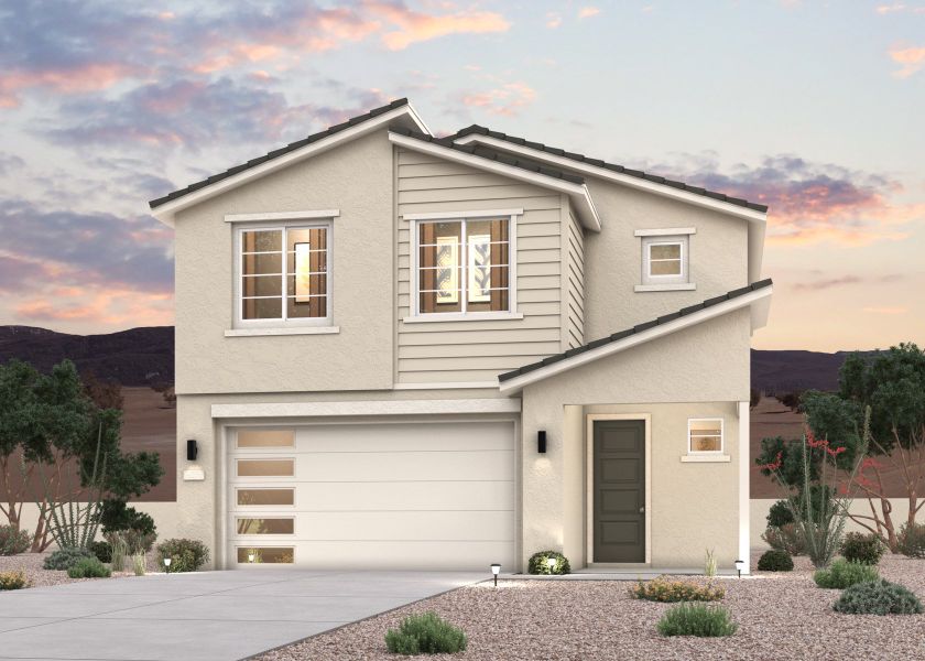A twilight rendering of a 2-story new home in Buckeye, AZ at Manzanita at Teravalis by Century Communities. A twilight rendering of a 2-story new home in Buckeye, AZ at Manzanita at Teravalis by Century Communities.