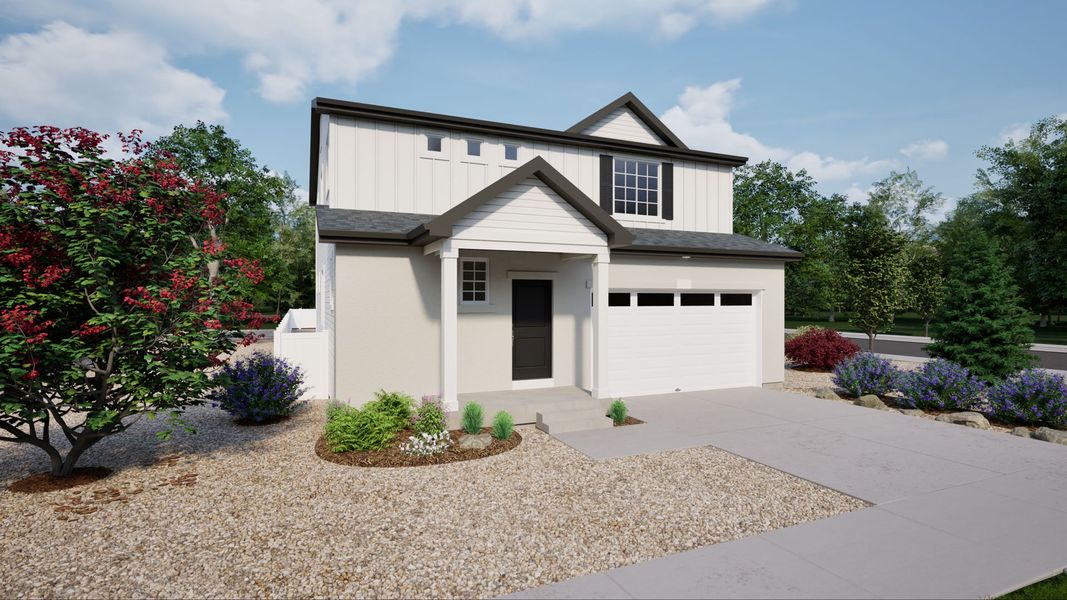 Representative exterior photo of a completed home built from the Esprit by Oakwood Homes Co in Green Valley Ranch, Aurora, CO (Image 1). Representative exterior photo of a completed home built from the Esprit by Oakwood Homes Co in Green Valley Ranch, Aurora, CO (Image 1).