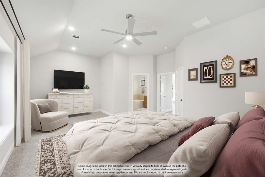 Spacious master bedroom with vaulted ceiling, ceiling fan, carpet flooring, and ensuite bathroom doorway visible