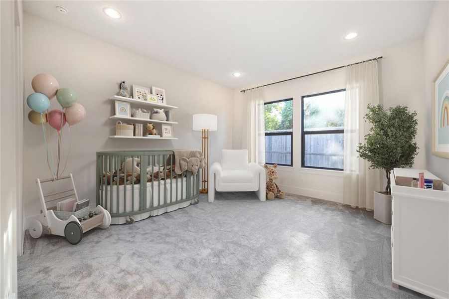 Virtual staging.  The perfect nursery is a serene, enchanting space designed for comfort and style. Soft, neutral tones and plush furnishings create a cozy environment, while ample storage and whimsical decor add practicality and charm. Large windows fill the room with natural light, making it a bright and cheerful haven.