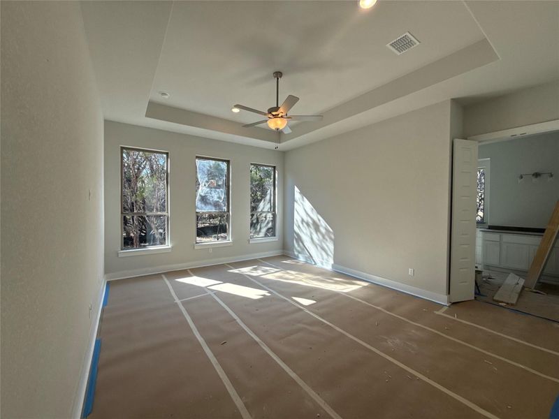 Primary Bedroom with Tray Ceiling and Large Windows