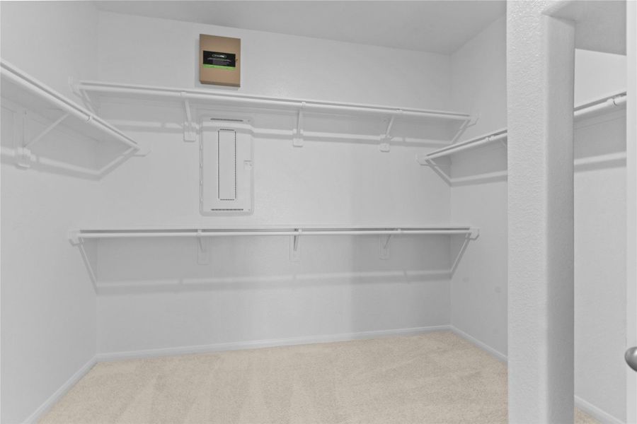 Massive walk in closet located in the private primary suite offering abundant storage space with built in shelving and hanging areas. This impressive closet provides plenty of room to organize clothing, shoes, and accessories.