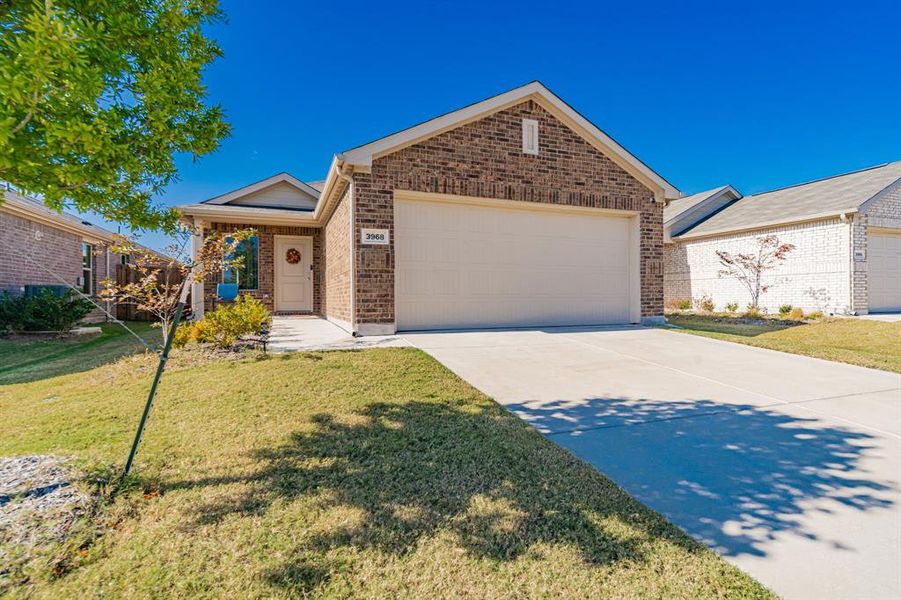Single story home with concrete driveway, brick siding, and a front lawn
