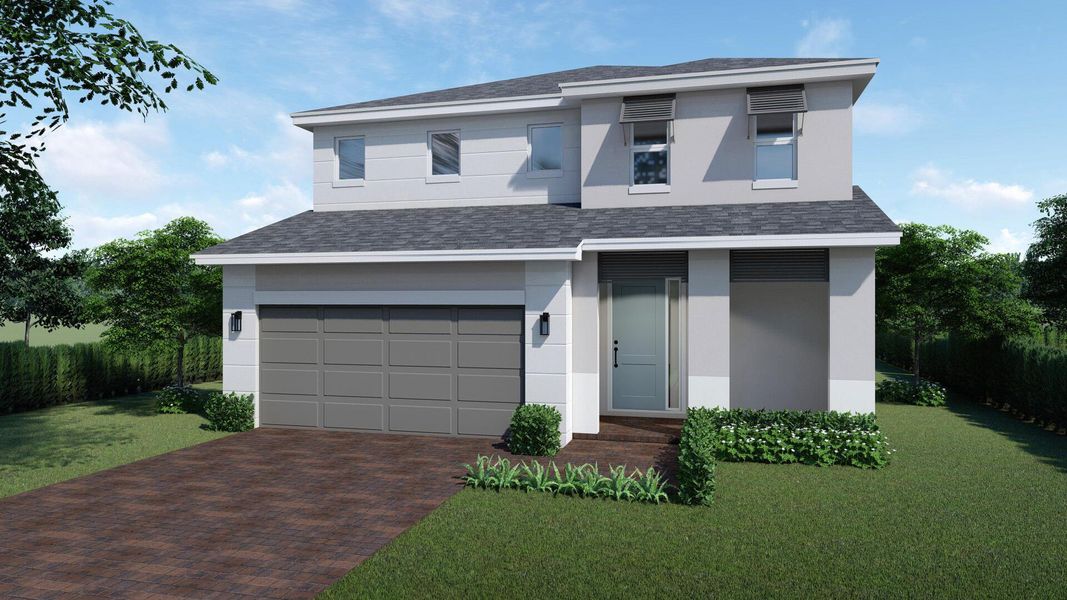 Front exterior of a new home in Preserves at Park Trace, Stuart, FL, highlighting curb appeal (Image 1).