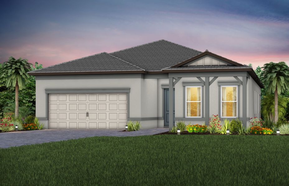 Representative exterior photo of a completed home built from the Mystique by Del Webb in Del Webb Explore North River Ranch, Parrish, FL (Image 2). Representative exterior photo of a completed home built from the Mystique by Del Webb in Del Webb Explore North River Ranch, Parrish, FL (Image 2).