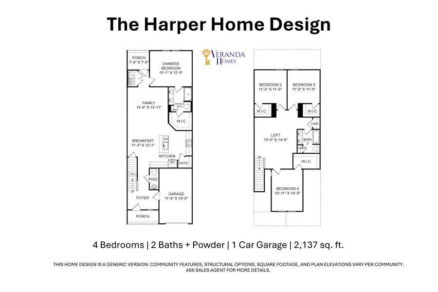 2D floor plan layout for the Harper by Veranda Homes in Moonlite Village, Sumter, SC (Image 3).