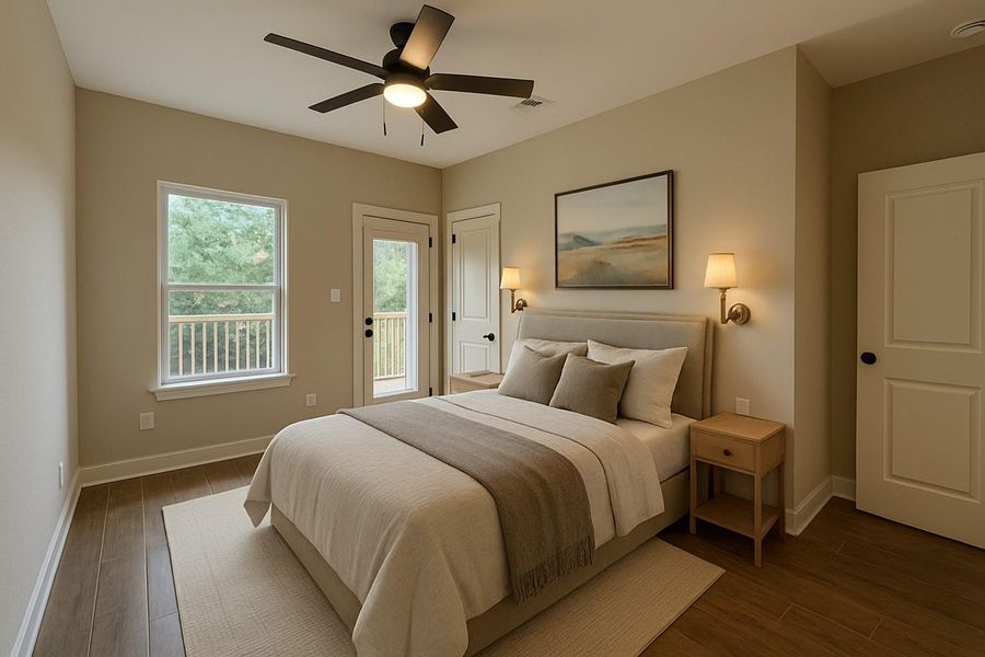 Bedroom featuring access to exterior, a ceiling fan, and dark wood-type flooring