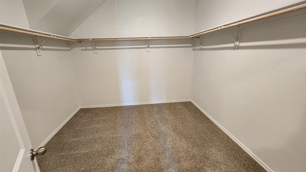 Walk-in closet featuring light-toned carpeting, white walls, and a multi-level clothing rod system Walk-in closet featuring light-toned carpeting, white walls, and a multi-level clothing rod system