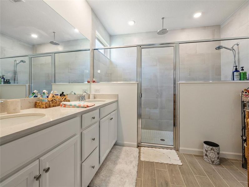 Master Bathroom no tub Large over size shower with 2 shower heads.