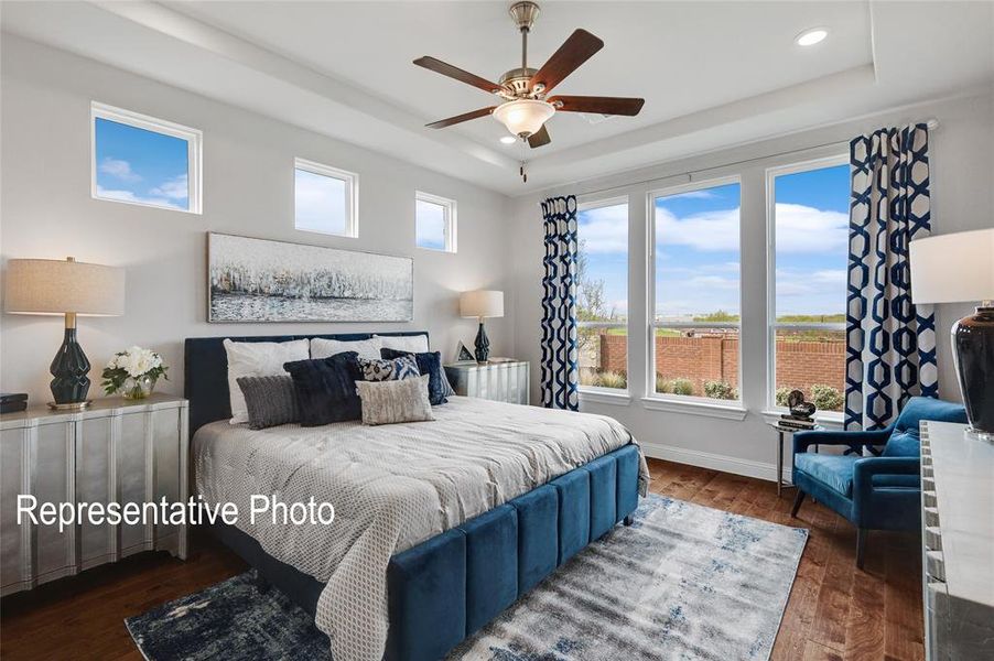 Bedroom with ceiling fan, a raised ceiling, and dark hardwood / wood-style flooring