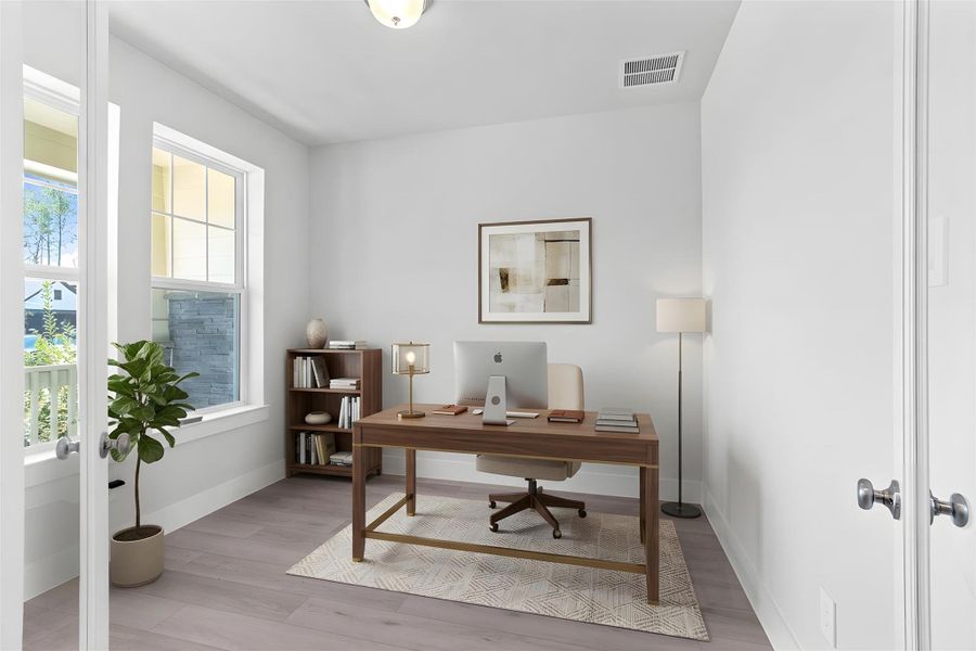 The study provides the quiet retreat necessary for a productive home office, eliminating the daily commute and maximizing work-from-home efficiency. It features French doors, neutral toned walls, and large windows. *Virtually Staged The study provides the quiet retreat necessary for a productive home office, eliminating the daily commute and maximizing work-from-home efficiency. It features French doors, neutral toned walls, and large windows. *Virtually Staged