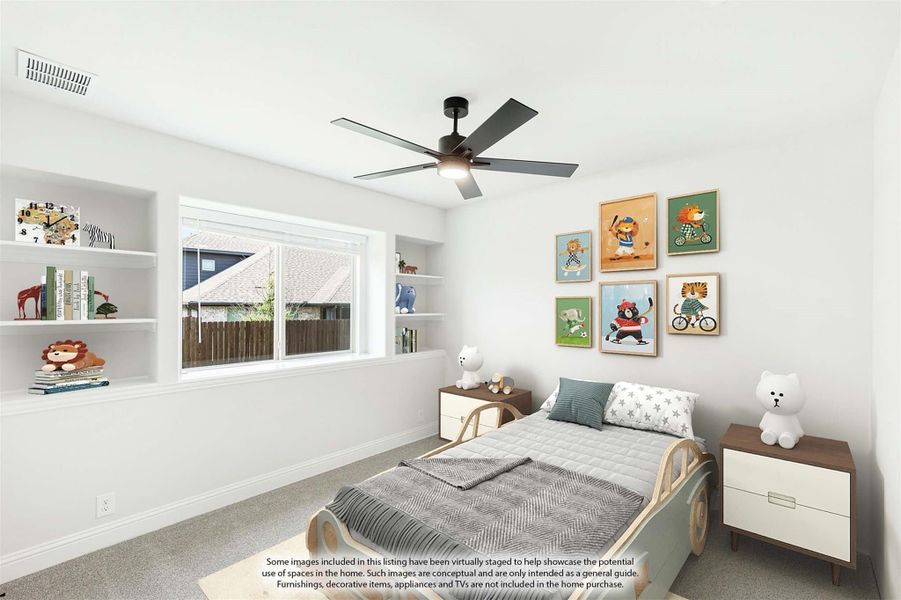 Children's bedroom with built-in shelves, ceiling fan, car-shaped bed, and colorful animal wall art