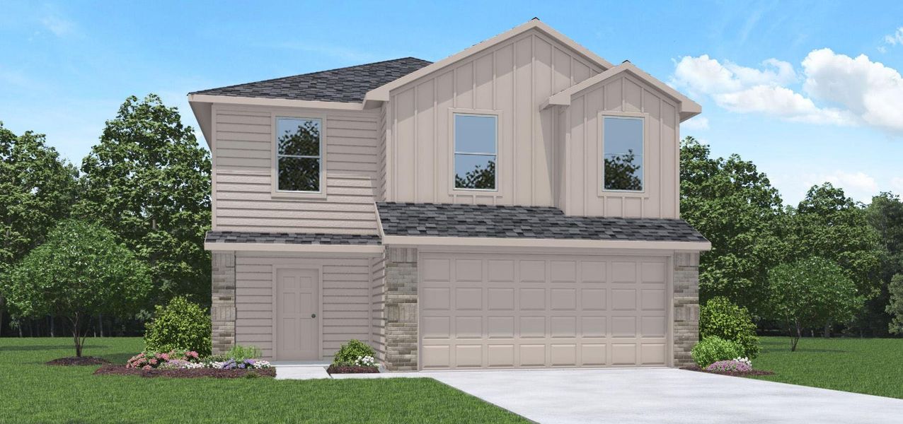 Front exterior of a new home in Silverthorne, Conroe, TX, highlighting curb appeal (Image 1).