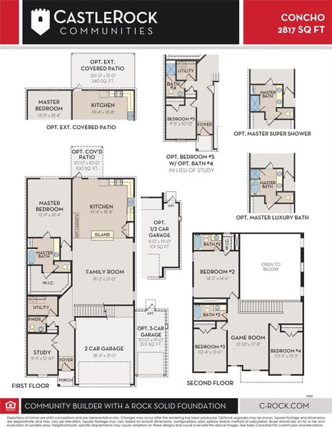 2817 Concho Floor Plan with opt guest bathroom and opt luxurious primary suite bathroom.