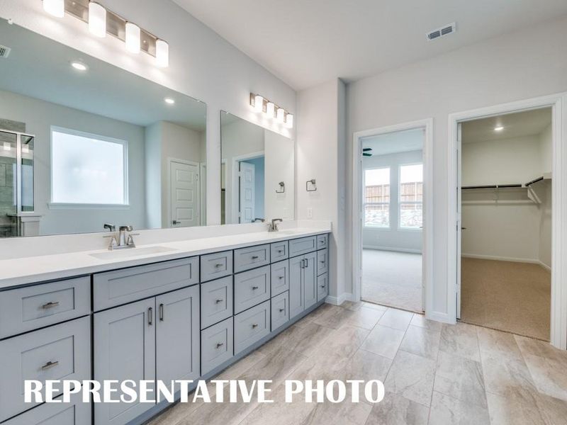With dual vanities plus ample storage & countertop space, this owner's bath was designed for two!  REPRESENTATIVE PHOTO