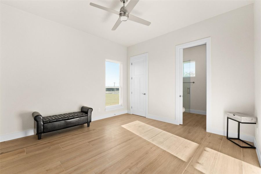 Unfurnished room with light wood-style flooring, healthy amount of natural light, and a ceiling fan