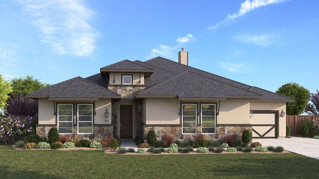 Representative exterior photo of a completed home built from the Heron by DRB Homes in Mostyn Manor Reserve, Magnolia, TX (Image 4). Representative exterior photo of a completed home built from the Heron by DRB Homes in Mostyn Manor Reserve, Magnolia, TX (Image 4).