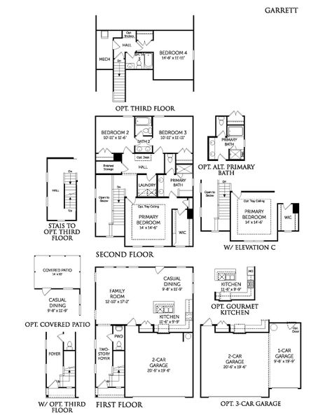 2D floor plan layout for the Garrett - 14728 by Dream Finders Homes in McFarland Estates, York, SC (Image 3).