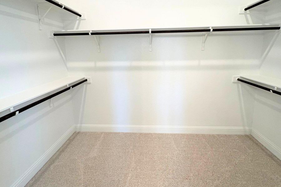 An organized walk-in closet boasts tiered shelving and carpeted flooring. An organized walk-in closet boasts tiered shelving and carpeted flooring.