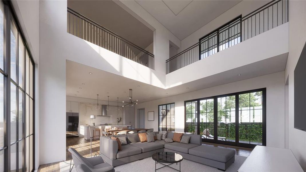 Vaulted ceilings open to upstairs living space