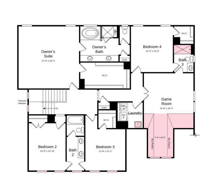 Second Floor Plan - Additional highlights include: study with double doors, additional windows added to full bathroom, tray ceiling in the great room, sunroom, additional windows in the study, sink in the laundry room, additional windows in the stairwell, and a shower in bathroom 3 Second Floor Plan - Additional highlights include: study with double doors, additional windows added to full bathroom, tray ceiling in the great room, sunroom, additional windows in the study, sink in the laundry room, additional windows in the stairwell, and a shower in bathroom 3