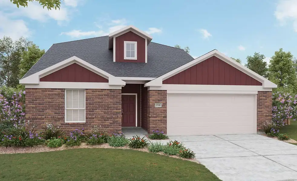 View of front facade with a shingled roof, a garage, brick siding, concrete driveway, and a front lawn View of front facade with a shingled roof, a garage, brick siding, concrete driveway, and a front lawn