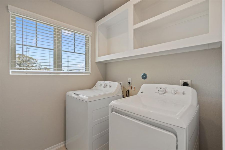 The laundry room layout is carefully planned for optimal workflow with designated areas for washing, drying, and storing.