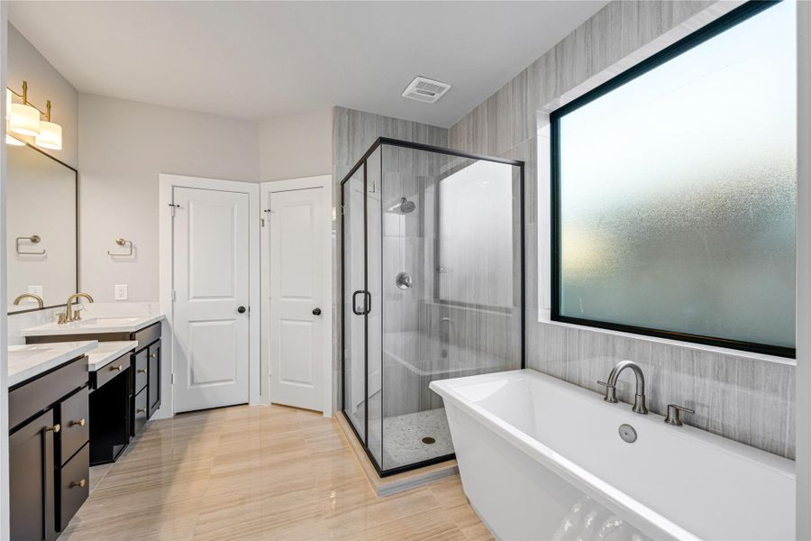 Luxurious spa-like bath with dual vanities