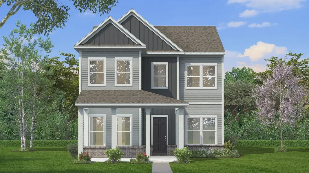 Exterior with two-tone Hardie siding with accents and covered front porch and brick water table Exterior with two-tone Hardie siding with accents and covered front porch and brick water table