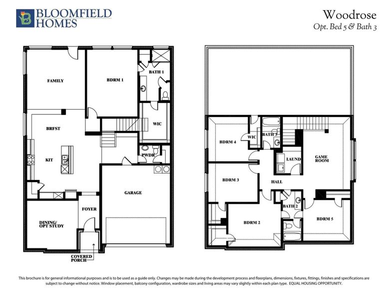 Bloomfield Homes Woodrose floor plan showing two-story layout with five bedrooms, three bathrooms, game room, and garage.