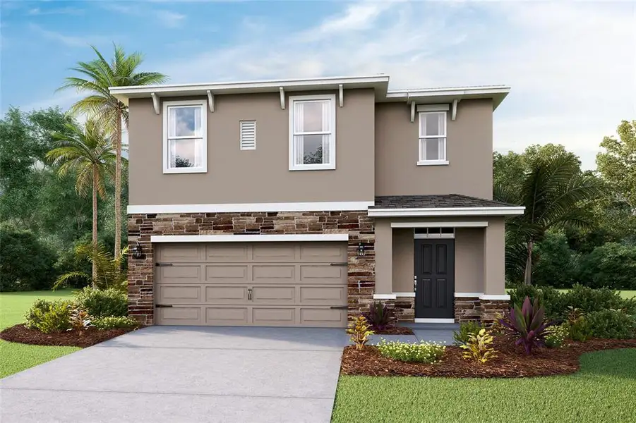 Front exterior of a new home in Angeline, Land O' Lakes, FL, highlighting curb appeal (Image 1). Front exterior of a new home in Angeline, Land O' Lakes, FL, highlighting curb appeal (Image 1).