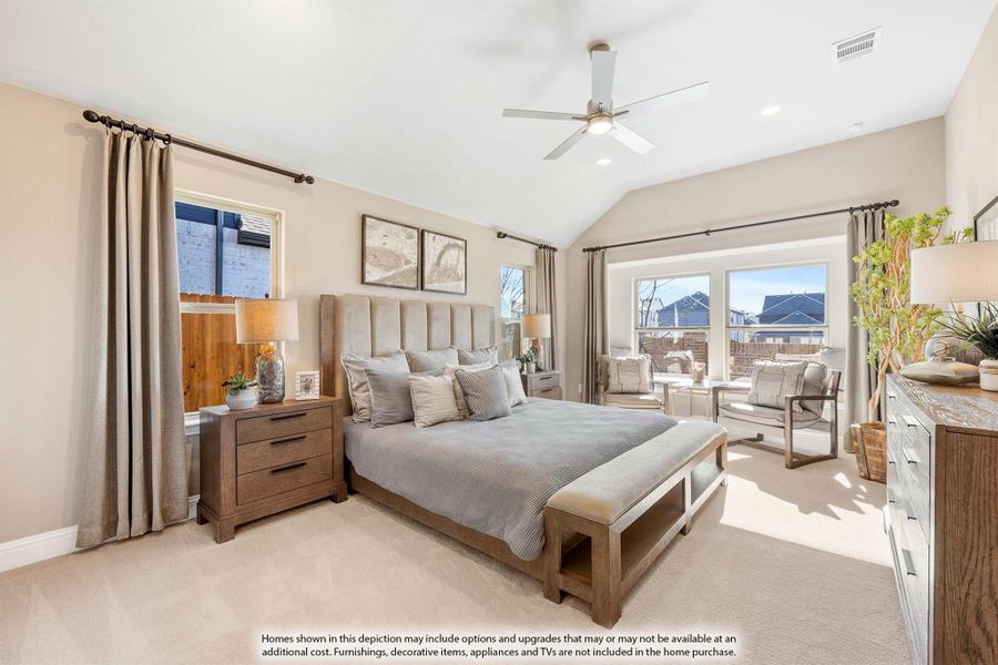 Spacious master bedroom with vaulted ceiling, ceiling fan, king bed, and large windows with natural light. Spacious master bedroom with vaulted ceiling, ceiling fan, king bed, and large windows with natural light.