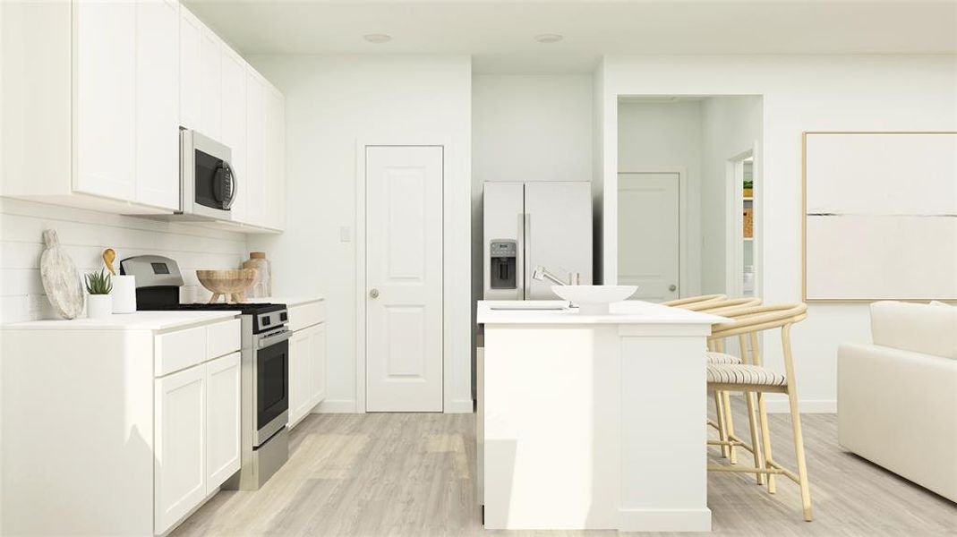 Kitchen with backsplash, appliances with stainless steel finishes, a kitchen bar, light hardwood / wood-style floors, and white cabinets