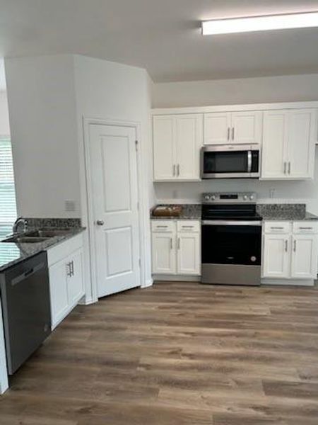 Kitchen with wood style floors, dark stone countertops, double sinks, stainless steel appliances