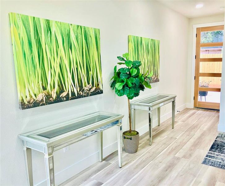 Sleek wooden entryway with contemporary flair and stylish accents.