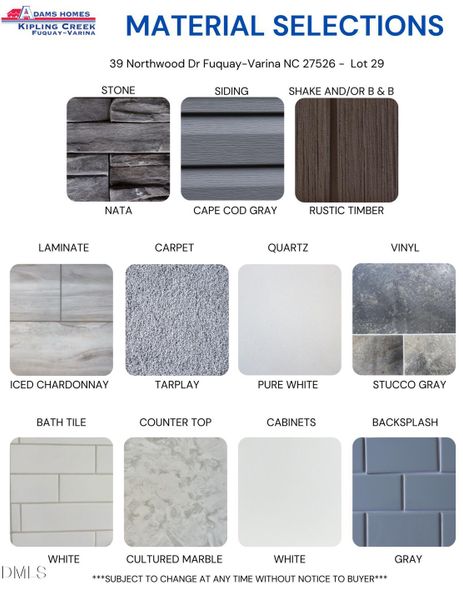 Material Color selections Material Color selections