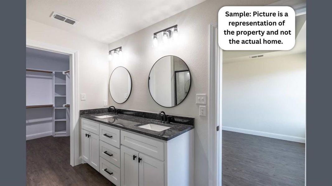 Full bathroom featuring double vanity, a walk in closet, and dark wood finished floors