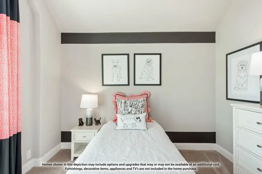 Children's bedroom with twin bed, pink curtains, white dresser, and framed dog artwork on gray walls Children's bedroom with twin bed, pink curtains, white dresser, and framed dog artwork on gray walls