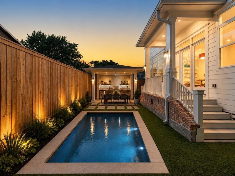 Backyard is well-suited for a stylish cocktail/plunge pool integrated into the existing patio and yard. A higher-capacity electrical panel was installed to accommodate a future pool. (Picture is an AI rendering) Backyard is well-suited for a stylish cocktail/plunge pool integrated into the existing patio and yard. A higher-capacity electrical panel was installed to accommodate a future pool. (Picture is an AI rendering)