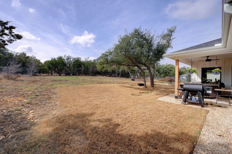 View of green lawn featuring a patio and ceiling fan