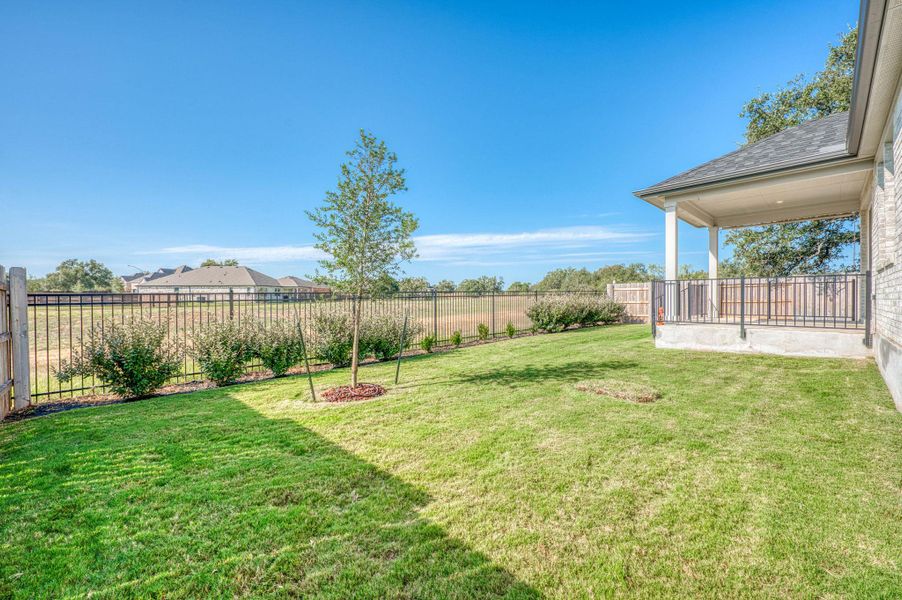 An open grassy backyard bordered by secure fencing features a covered back porch structure.
