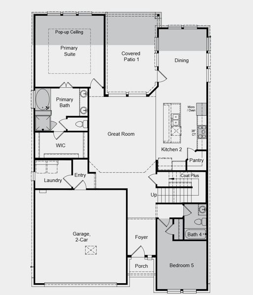 Additional Highlights include: downstairs bedroom and full bath, 8" interior doors, extended primary suite, covered outdoor living and dining, pop-up ceiling in primary suite, bench at primary suite, and drop in soaking tub in primary bath.