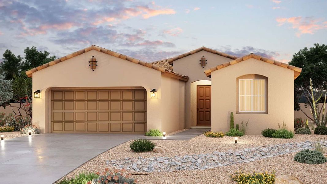 Representative exterior photo of a completed home built from the Belice by Brightland Homes in The Lakes at Rancho El Dorado, Maricopa, AZ (Image 4). Representative exterior photo of a completed home built from the Belice by Brightland Homes in The Lakes at Rancho El Dorado, Maricopa, AZ (Image 4).