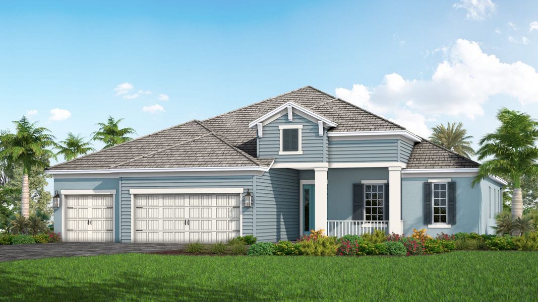 Front exterior of a new home in SkySail Real Estate and Homes for Sale in Naples, FL - Neal Communities, Naples, FL, highlighting curb appeal (Image 17). Front exterior of a new home in SkySail Real Estate and Homes for Sale in Naples, FL - Neal Communities, Naples, FL, highlighting curb appeal (Image 17).