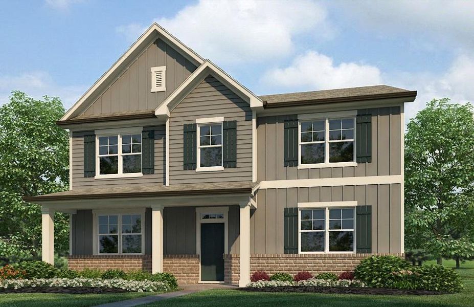 Front exterior of a new home in Braselton Village, Braselton, GA, highlighting curb appeal (Image 1). Front exterior of a new home in Braselton Village, Braselton, GA, highlighting curb appeal (Image 1).