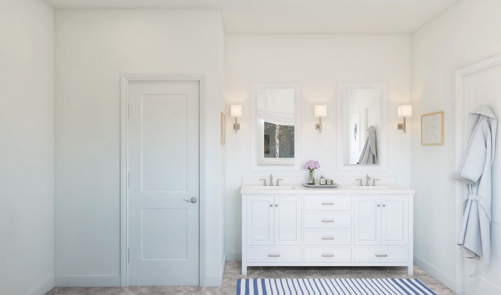 Primary bath with dual sinks and brushed nickel fixtures throughout