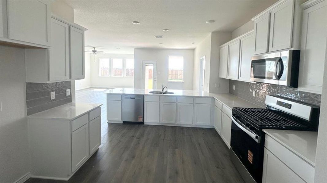 Kitchen with decorative backsplash, stainless steel appliances, dark wood-type flooring, and a peninsula Kitchen with decorative backsplash, stainless steel appliances, dark wood-type flooring, and a peninsula