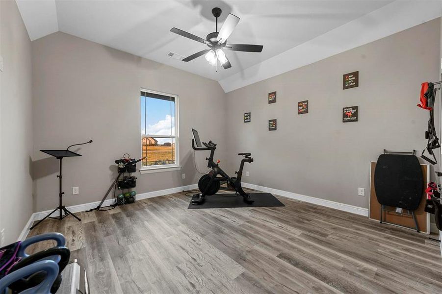 Workout room featuring ceiling fan, lofted ceiling, and hardwood / wood-style flooring