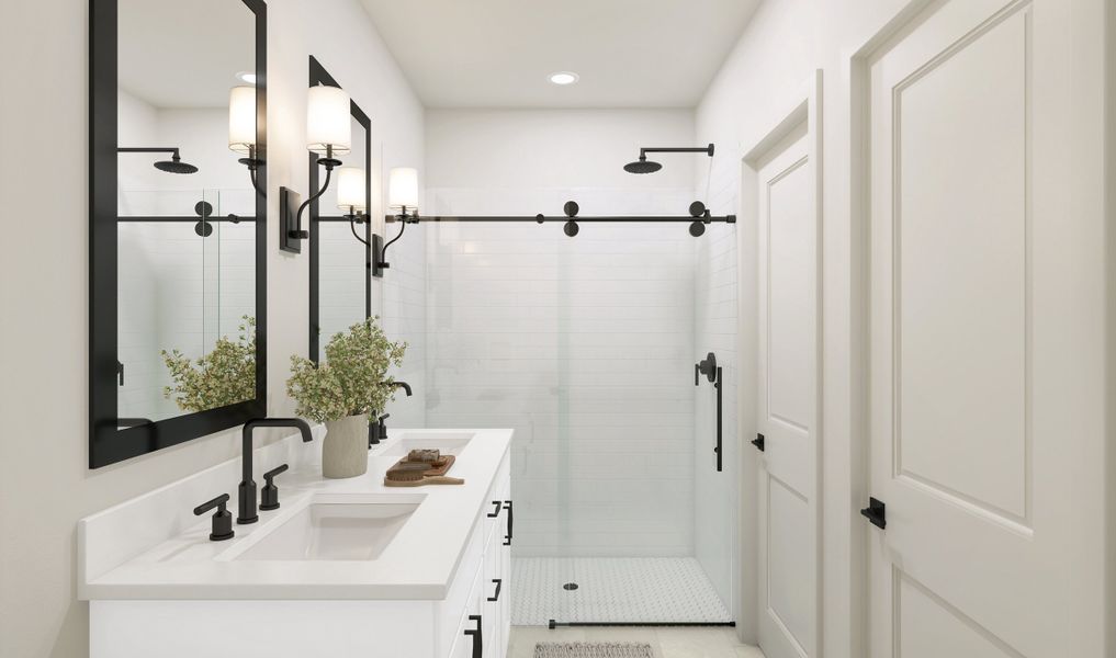 Primary bath with matte black finishes